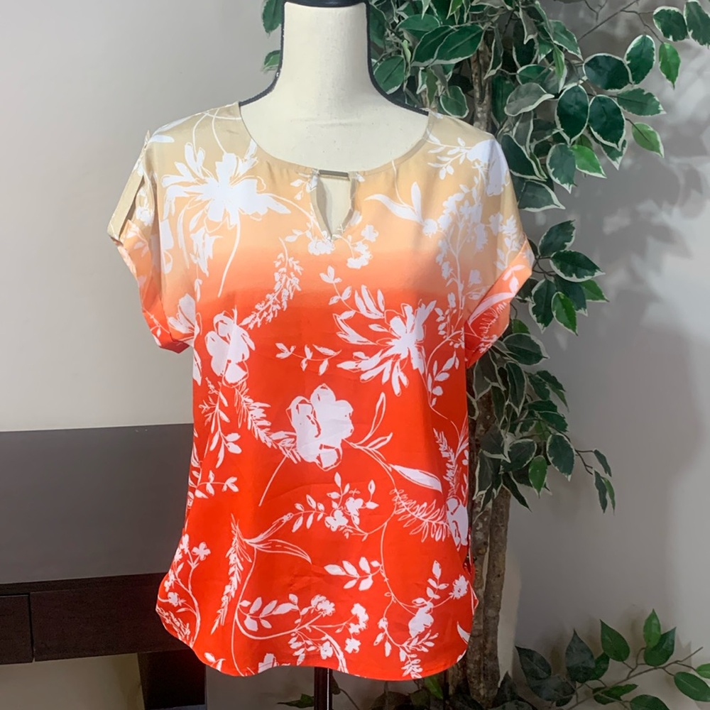Calvin Klein Orange Floral Keyhole Blouse
